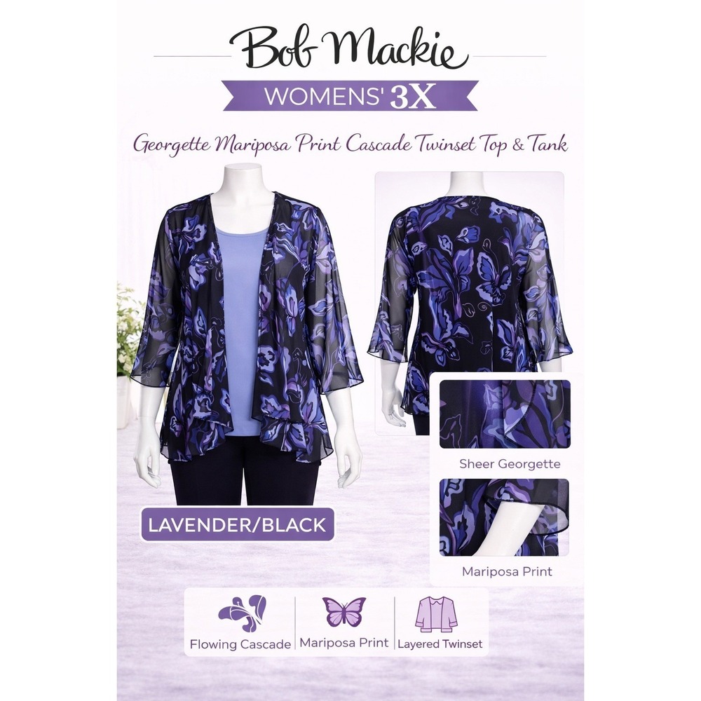 Bob Mackie Womens 3X‎ Georgette Mariposa Print Cascade Twinset Top Tank A222231